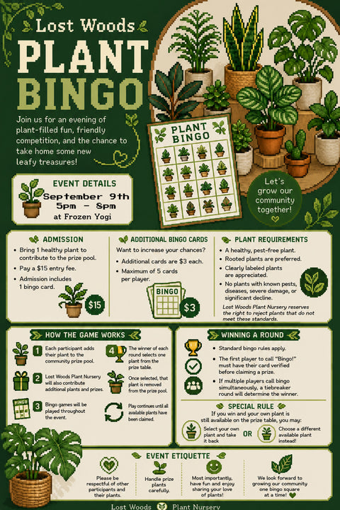 🌿September 9th Lost Woods Plant Bingo @ Frozen Yogi 5-8PM 🌿