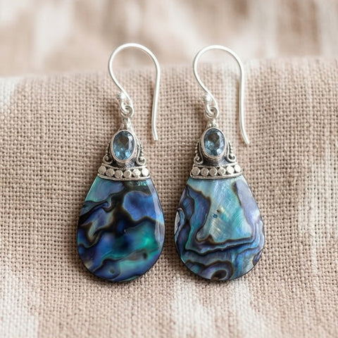 Bali Samudra 925 Sterling Silver + Abalone & Blue Topaz Drop Earrings | Handmade Balinese Jewelry