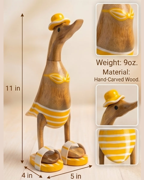 Handmade Balinese Bamboo Wooden Duck Figurine in Orange Bikini and Flip Flops - 11" Unique Beach Decor & Collectible Gift