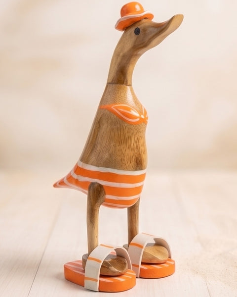 Handmade Balinese Bamboo Wooden Duck Figurine in Orange Bikini and Flip Flops - 11" Unique Beach Decor & Collectible Gift