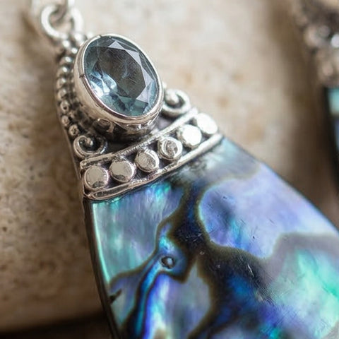 Bali Samudra 925 Sterling Silver + Abalone & Blue Topaz Drop Earrings | Handmade Balinese Jewelry