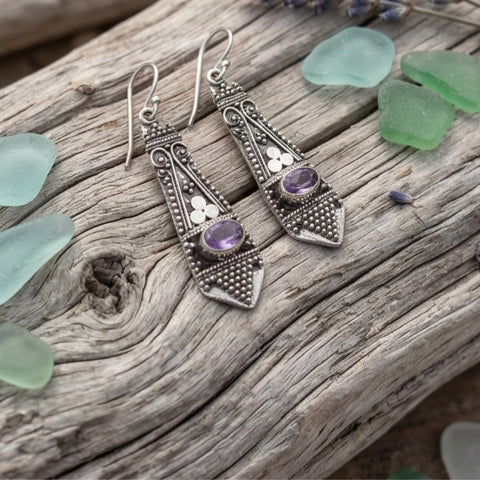 The Bali Kirana Amethyst Drops – Handcrafted 925 Silver Granulation Earrings