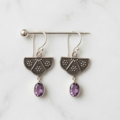 Bali Amyra 925 Sterling Silver + Genuine Amethyst Drop Earrings | Handmade Oxidized Artisan Jewelry