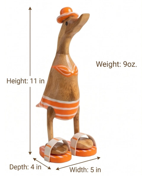Handmade Balinese Bamboo Wooden Duck Figurine in Orange Bikini and Flip Flops - 11" Unique Beach Decor & Collectible Gift