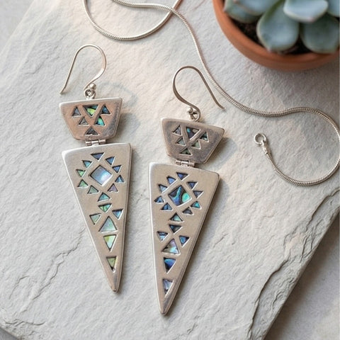 Handcrafted Bali Intan Silver & Iridescent Abalone Geometric Drops