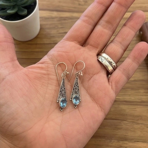 Bali Putri Sterling Silver & Blue Topaz Filigree Drop Earrings
