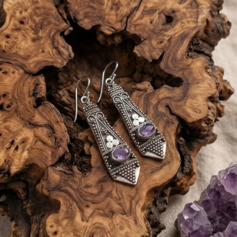 The Bali Kirana Amethyst Drops – Handcrafted 925 Silver Granulation Earrings