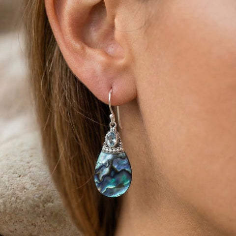 Bali Samudra 925 Sterling Silver + Abalone & Blue Topaz Drop Earrings | Handmade Balinese Jewelry