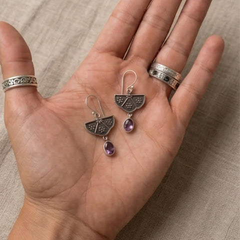 Bali Amyra 925 Sterling Silver + Genuine Amethyst Drop Earrings | Handmade Oxidized Artisan Jewelry