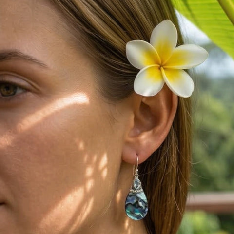 Bali Samudra 925 Sterling Silver + Abalone & Blue Topaz Drop Earrings | Handmade Balinese Jewelry