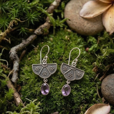 Bali Amyra 925 Sterling Silver + Genuine Amethyst Drop Earrings | Handmade Oxidized Artisan Jewelry