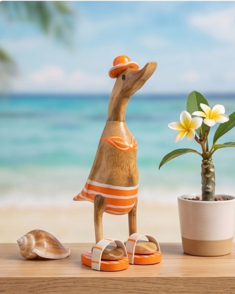 Handmade Balinese Bamboo Wooden Duck Figurine in Orange Bikini and Flip Flops - 11" Unique Beach Decor & Collectible Gift