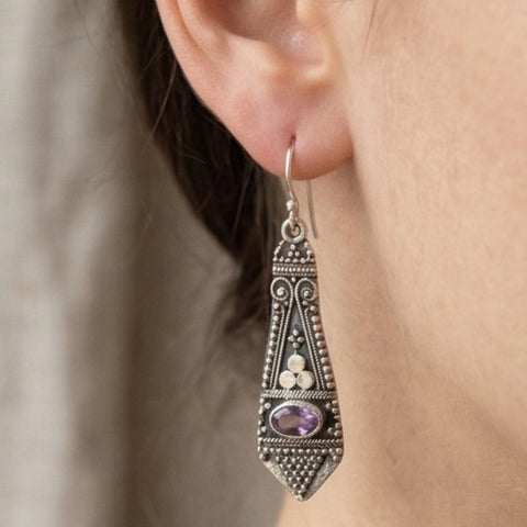 The Bali Kirana Amethyst Drops – Handcrafted 925 Silver Granulation Earrings