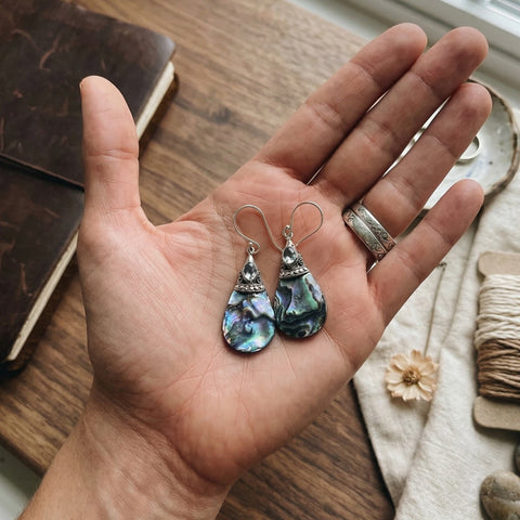 Bali Samudra 925 Sterling Silver + Abalone & Blue Topaz Drop Earrings | Handmade Balinese Jewelry