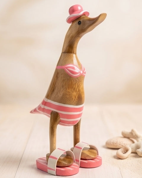 Handmade Balinese Bamboo Wooden Duck Figurine in Orange Bikini and Flip Flops - 11" Unique Beach Decor & Collectible Gift