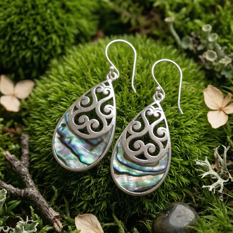Bali Puspa 925 Sterling Silver + Abalone Teardrop Earrings | Handmade Caged Filigree