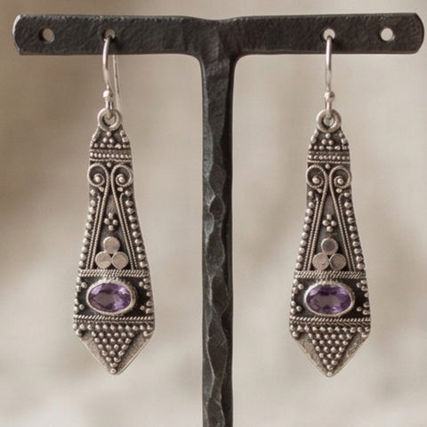 The Bali Kirana Amethyst Drops – Handcrafted 925 Silver Granulation Earrings