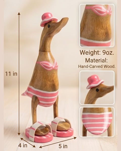 Handmade Balinese Bamboo Wooden Duck Figurine in Orange Bikini and Flip Flops - 11" Unique Beach Decor & Collectible Gift