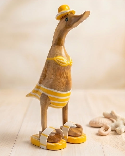 Handmade Balinese Bamboo Wooden Duck Figurine in Orange Bikini and Flip Flops - 11" Unique Beach Decor & Collectible Gift