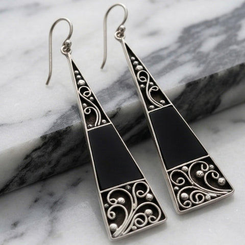 Bali Api Sterling Silver & Black Lava Stone Filigree Drop Earrings