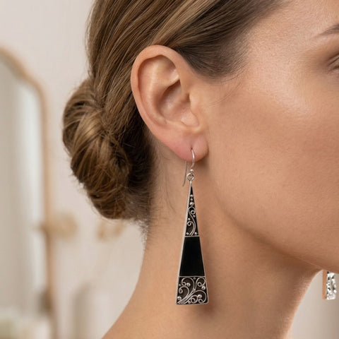 Bali Api Sterling Silver & Black Lava Stone Filigree Drop Earrings