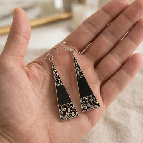 Bali Api Sterling Silver & Black Lava Stone Filigree Drop Earrings