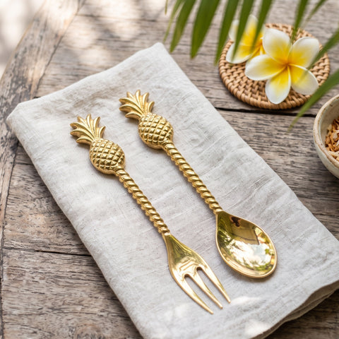 Brass Pineapple Cocktail Fork & Spoon Set