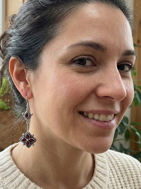 Dewi Bali Sterling Silver & Red Garnet Earrings – Handcrafted in Celuk