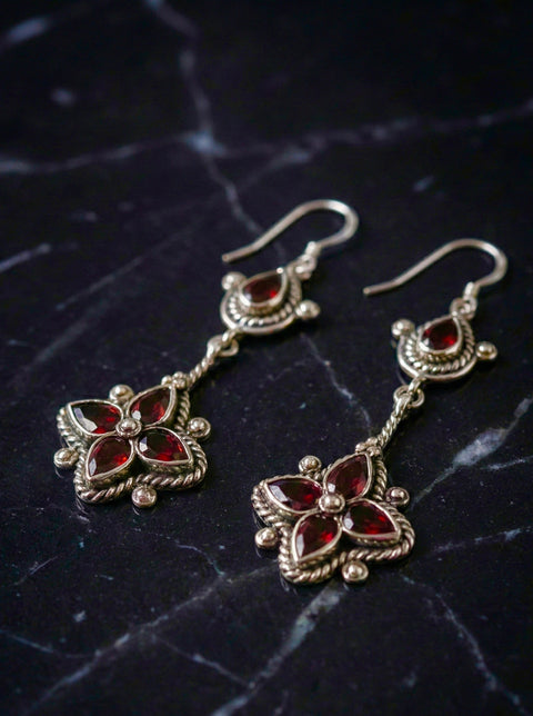 Dewi Bali Sterling Silver & Red Garnet Earrings – Handcrafted in Celuk