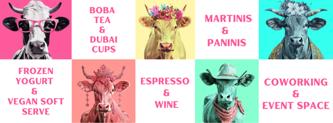 Grid of cow illustrations with various text on a colorful background