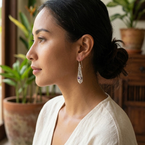 The Bali Kirana Amethyst Drops – Handcrafted 925 Silver Granulation Earrings