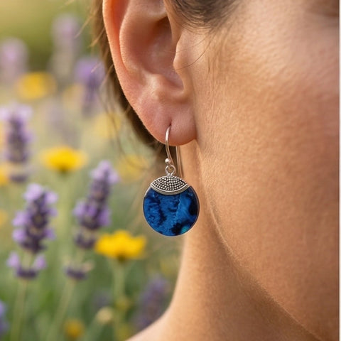 Handcrafted Bali Laut Silver Earrings – Reversible Cobalt Wave & Iridescent Shell