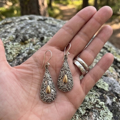 Bali Puri Handcrafted Teardrop Earrings – Sterling Silver & Gold Mixed Metal Dangles