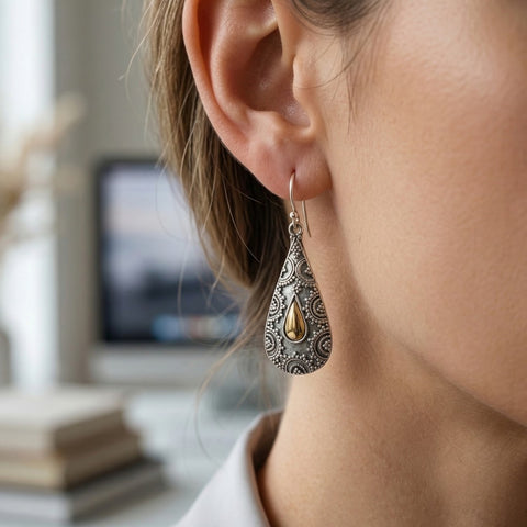 Bali Puri Handcrafted Teardrop Earrings – Sterling Silver & Gold Mixed Metal Dangles