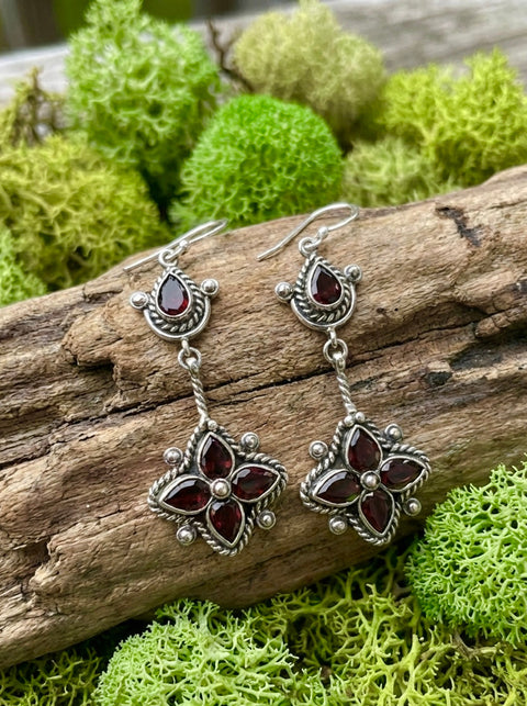 Dewi Bali Sterling Silver & Red Garnet Earrings – Handcrafted in Celuk