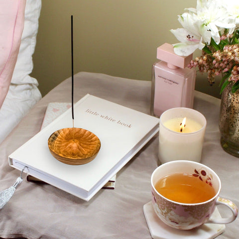 Hand-Carved Balinese Wooden Incense Holder – 3" Round